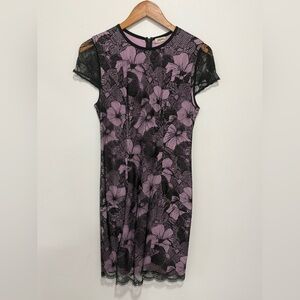 L'AGENCE Black and Purple Floral Lace Midi Cocktail Dress- 6